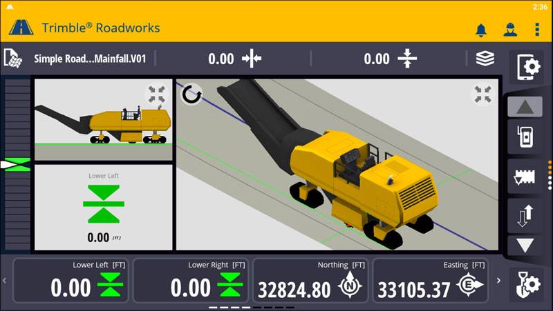 Interfaz del software Trimble Roadworks mostrando un modelo 3D de una máquina fresadora amarilla en un sitio de construcción de carreteras. La pantalla muestra datos numéricos para el guiado de la máquina, asegurando precisión en los procesos de fresado de carreteras